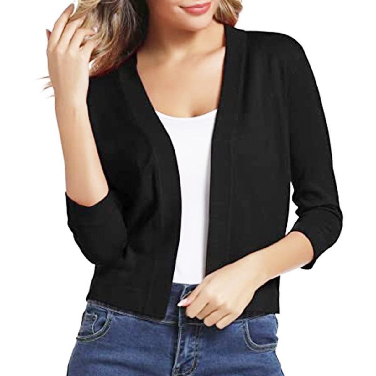 Women's Open-Front Cropped Cardigan with Three-Quarter Sleeves
