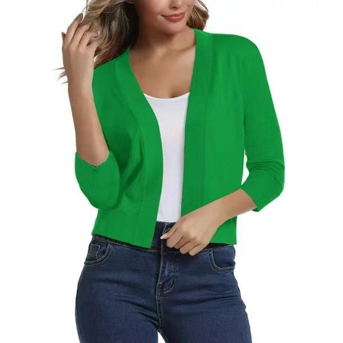 Women's Open-Front Cropped Cardigan with Three-Quarter Sleeves