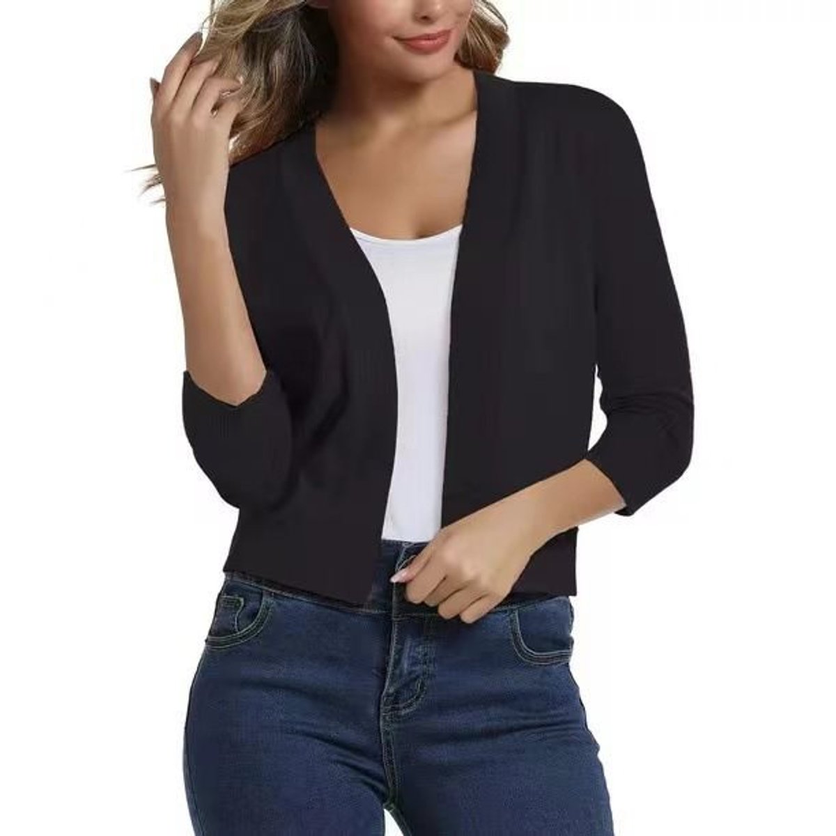 Women's Open-Front Cropped Cardigan with Three-Quarter Sleeves