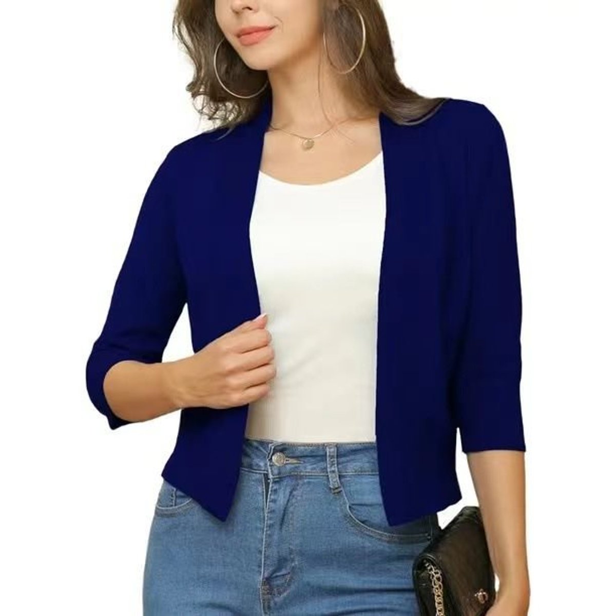 Women's Open-Front Cropped Cardigan with Three-Quarter Sleeves