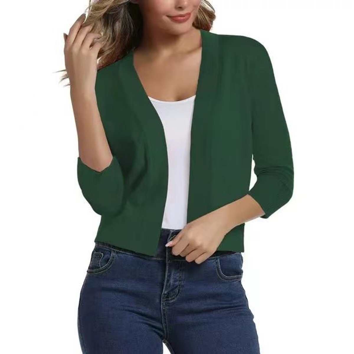 Women's Open-Front Cropped Cardigan with Three-Quarter Sleeves