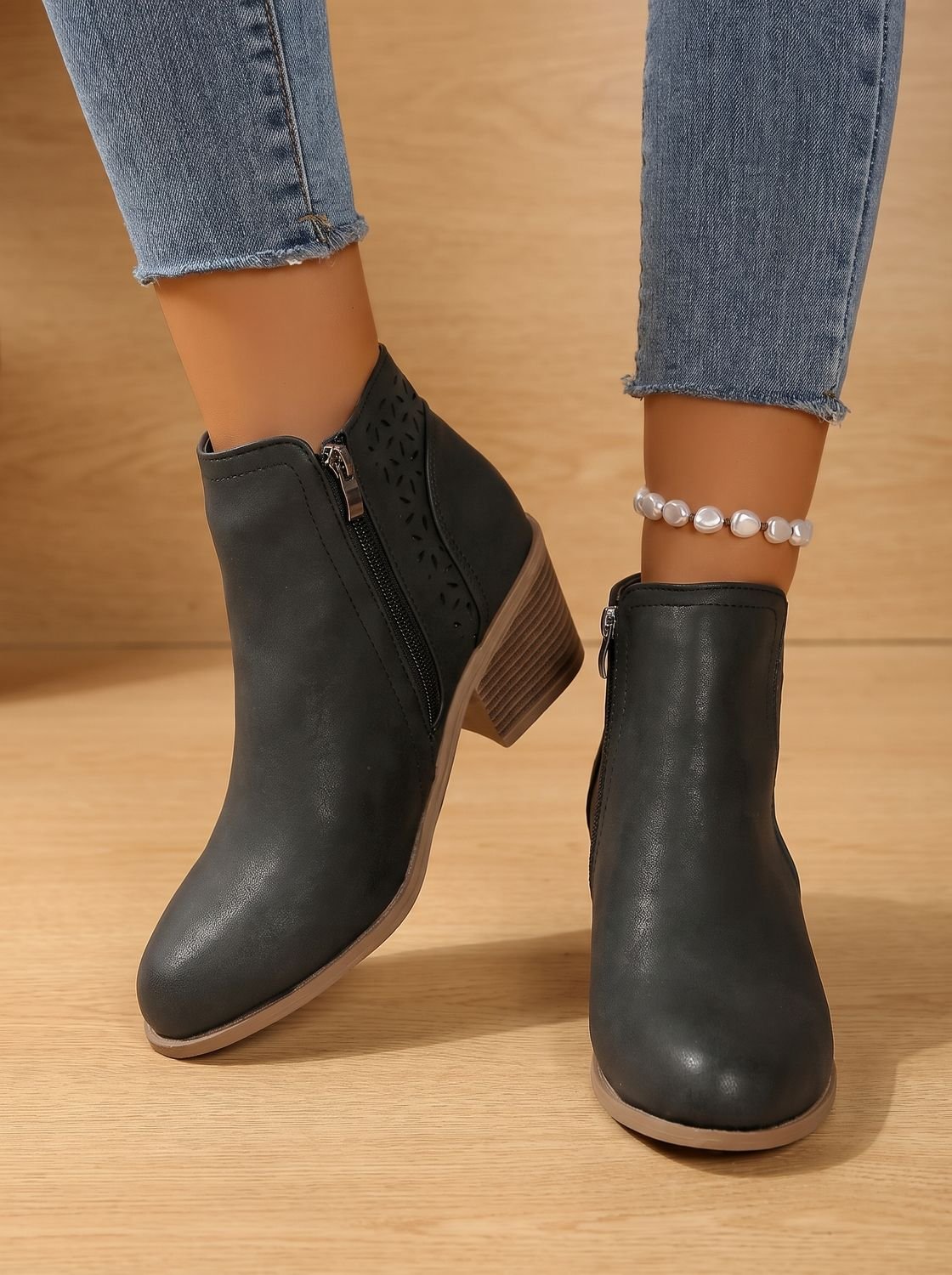 Women's Laser-Cut Floral Block Heel Orthopedic Ankle Booties