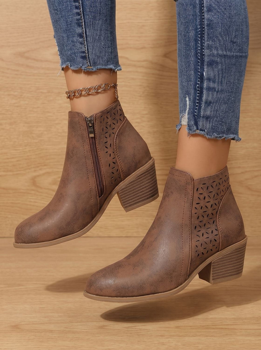 Women's Laser-Cut Floral Block Heel Orthopedic Ankle Booties