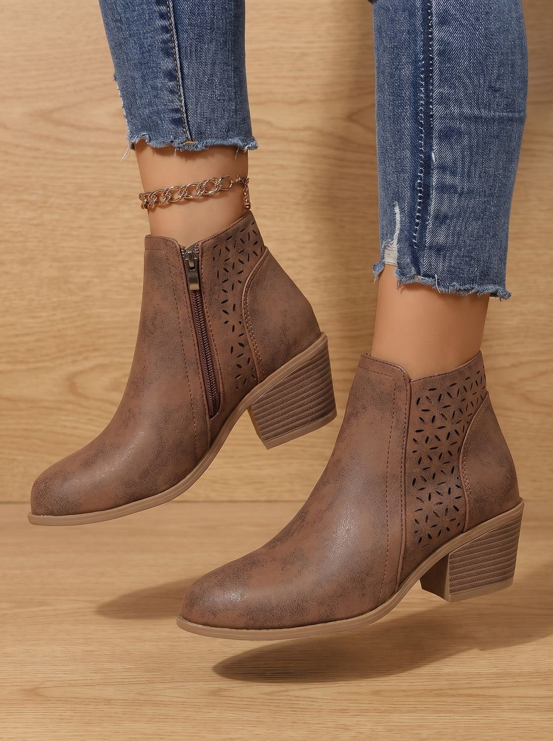 Women's Laser-Cut Floral Block Heel Orthopedic Ankle Booties