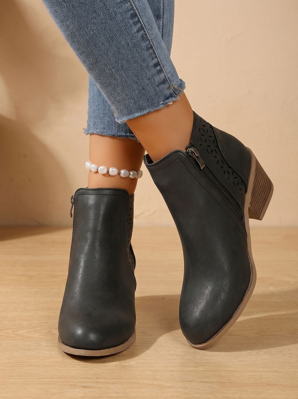 Women's Laser-Cut Floral Block Heel Orthopedic Ankle Booties