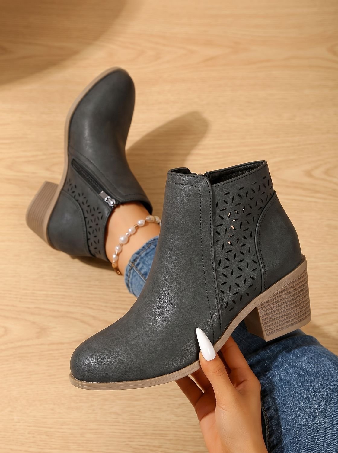 Women's Laser-Cut Floral Block Heel Orthopedic Ankle Booties