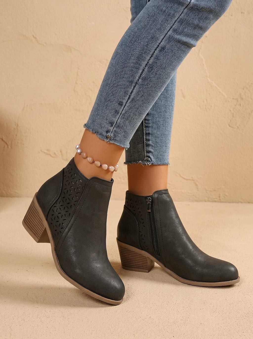 Women's Laser-Cut Floral Block Heel Orthopedic Ankle Booties