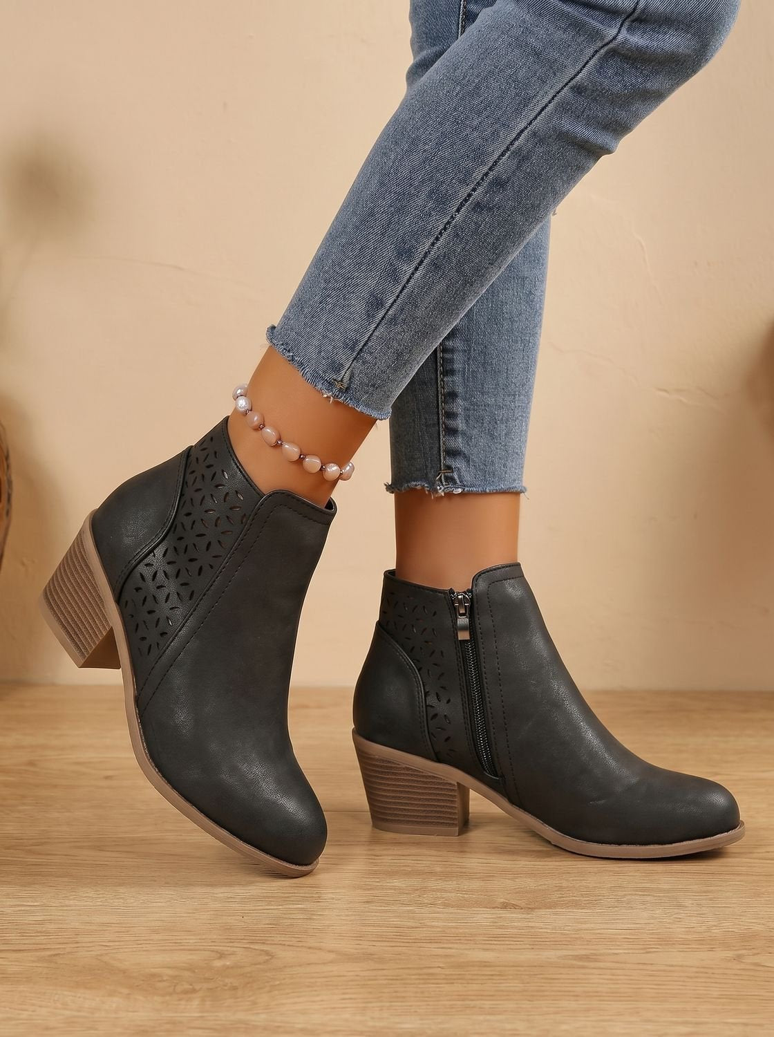 Women's Laser-Cut Floral Block Heel Orthopedic Ankle Booties