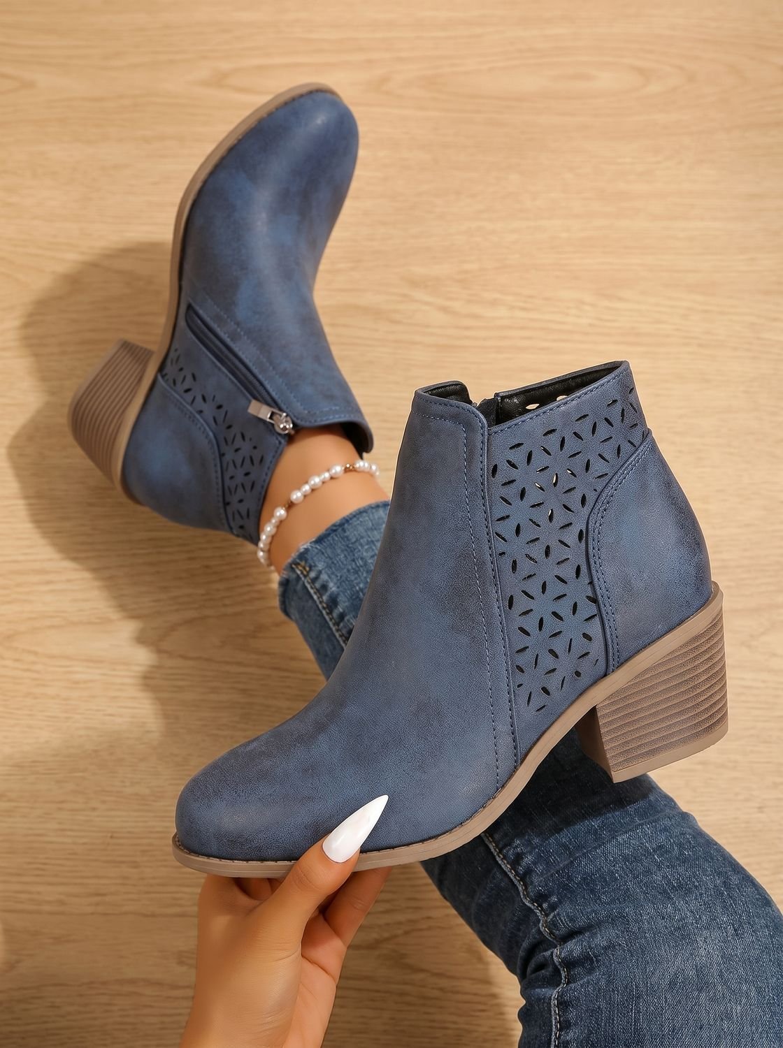 Women's Laser-Cut Floral Block Heel Orthopedic Ankle Booties