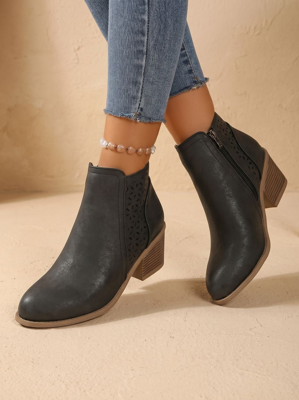 Women's Laser-Cut Floral Block Heel Orthopedic Ankle Booties