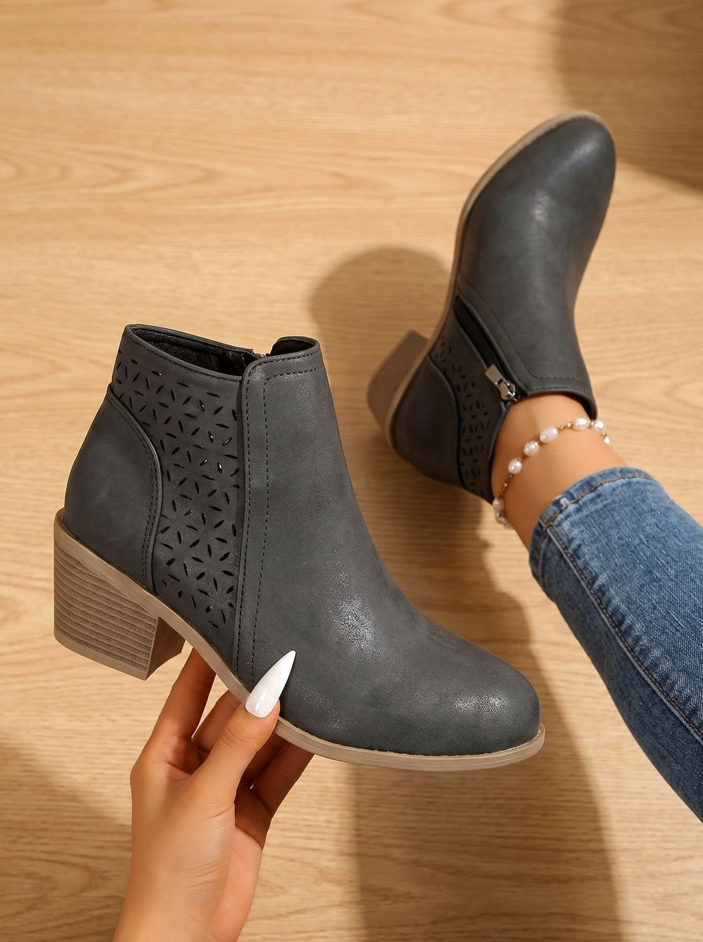 Women's Laser-Cut Floral Block Heel Orthopedic Ankle Booties