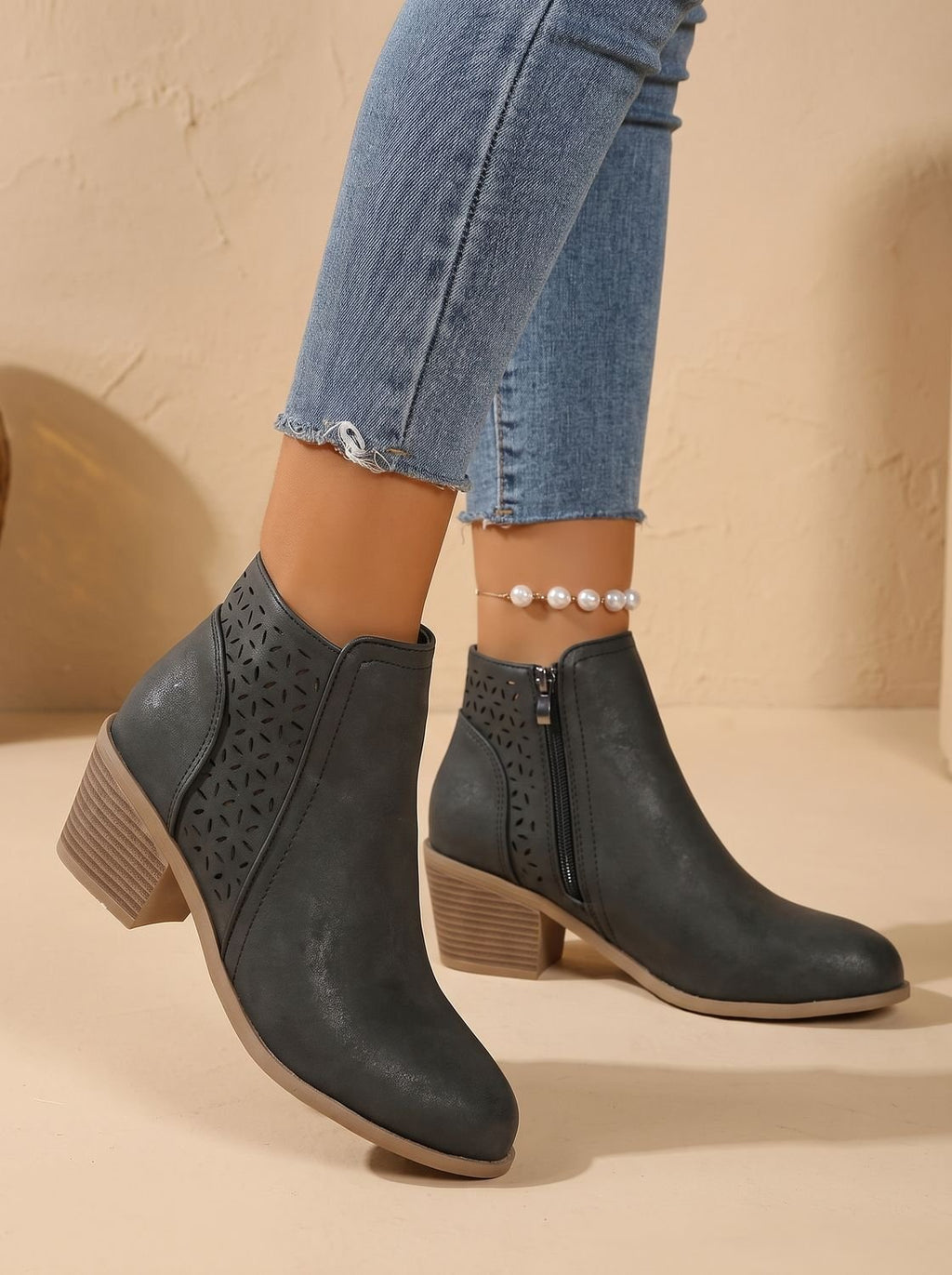 Women's Laser-Cut Floral Block Heel Orthopedic Ankle Booties
