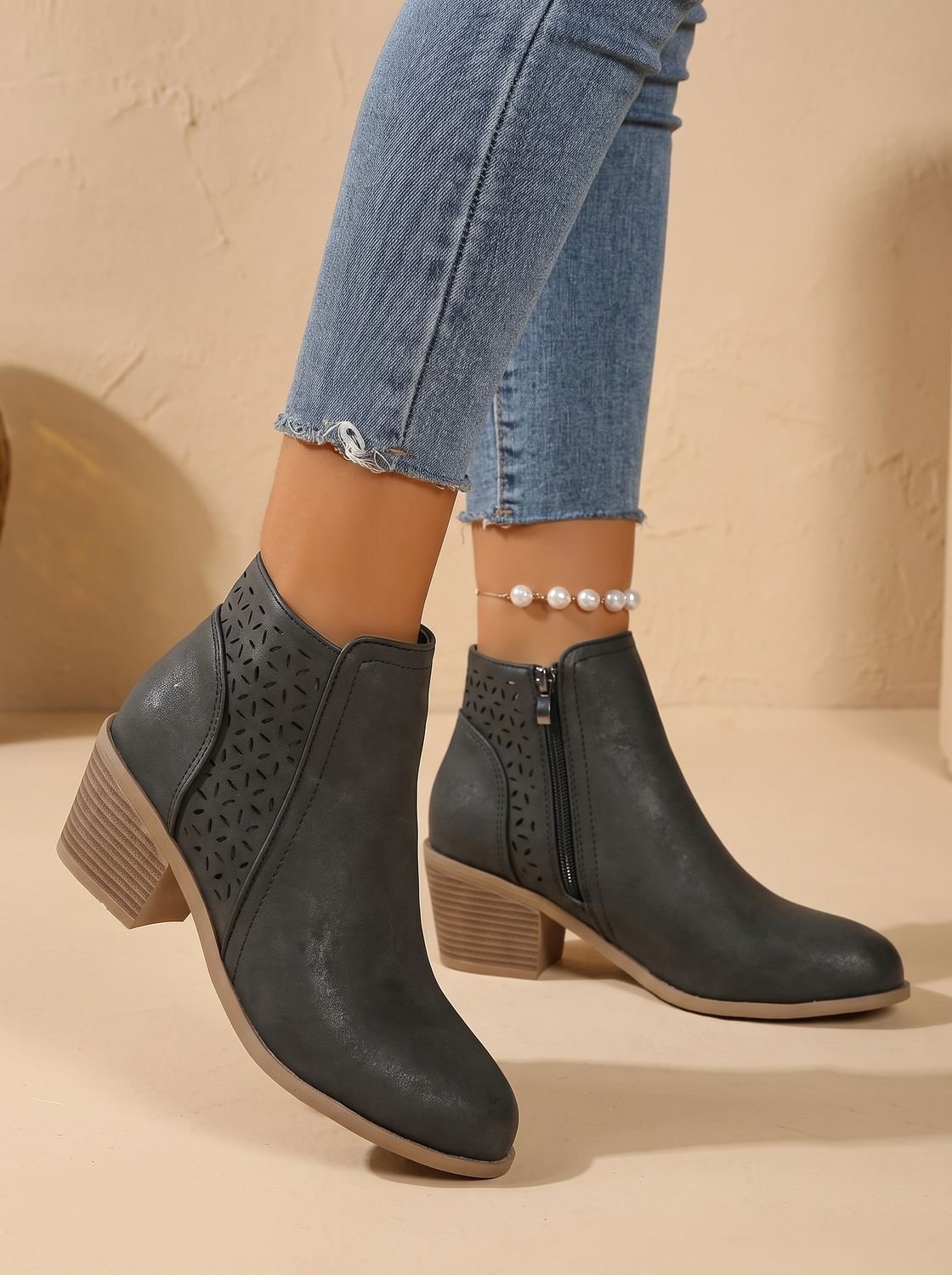 Women's Laser-Cut Floral Block Heel Orthopedic Ankle Booties