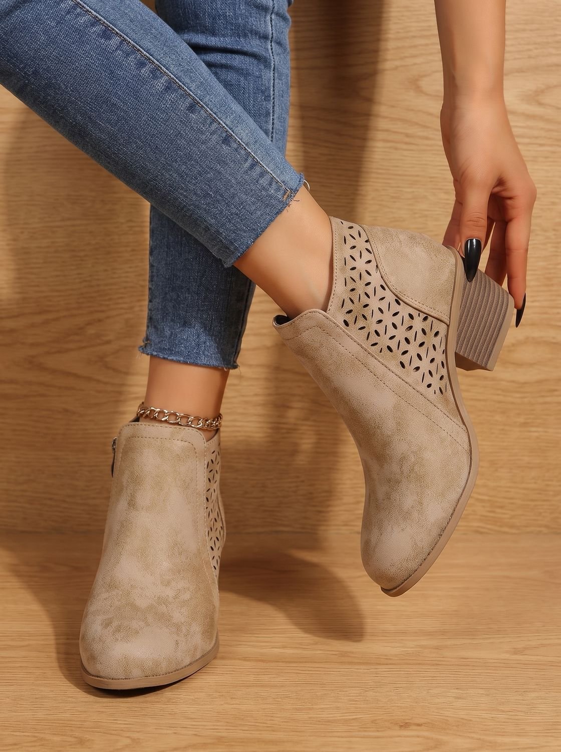 Women's Laser-Cut Floral Block Heel Orthopedic Ankle Booties