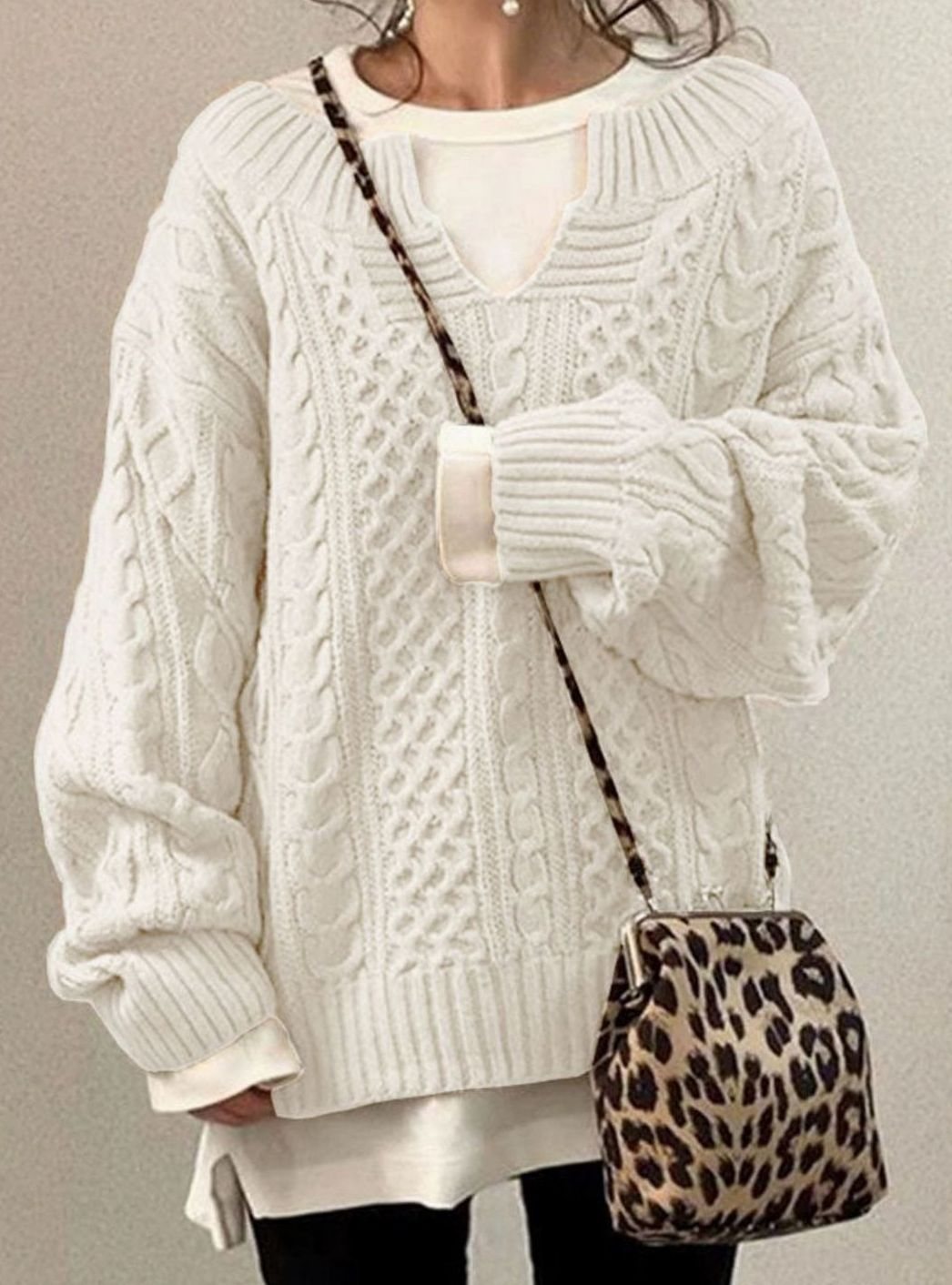 Women's Cable Knit Pullover with Layered V-Neck Look