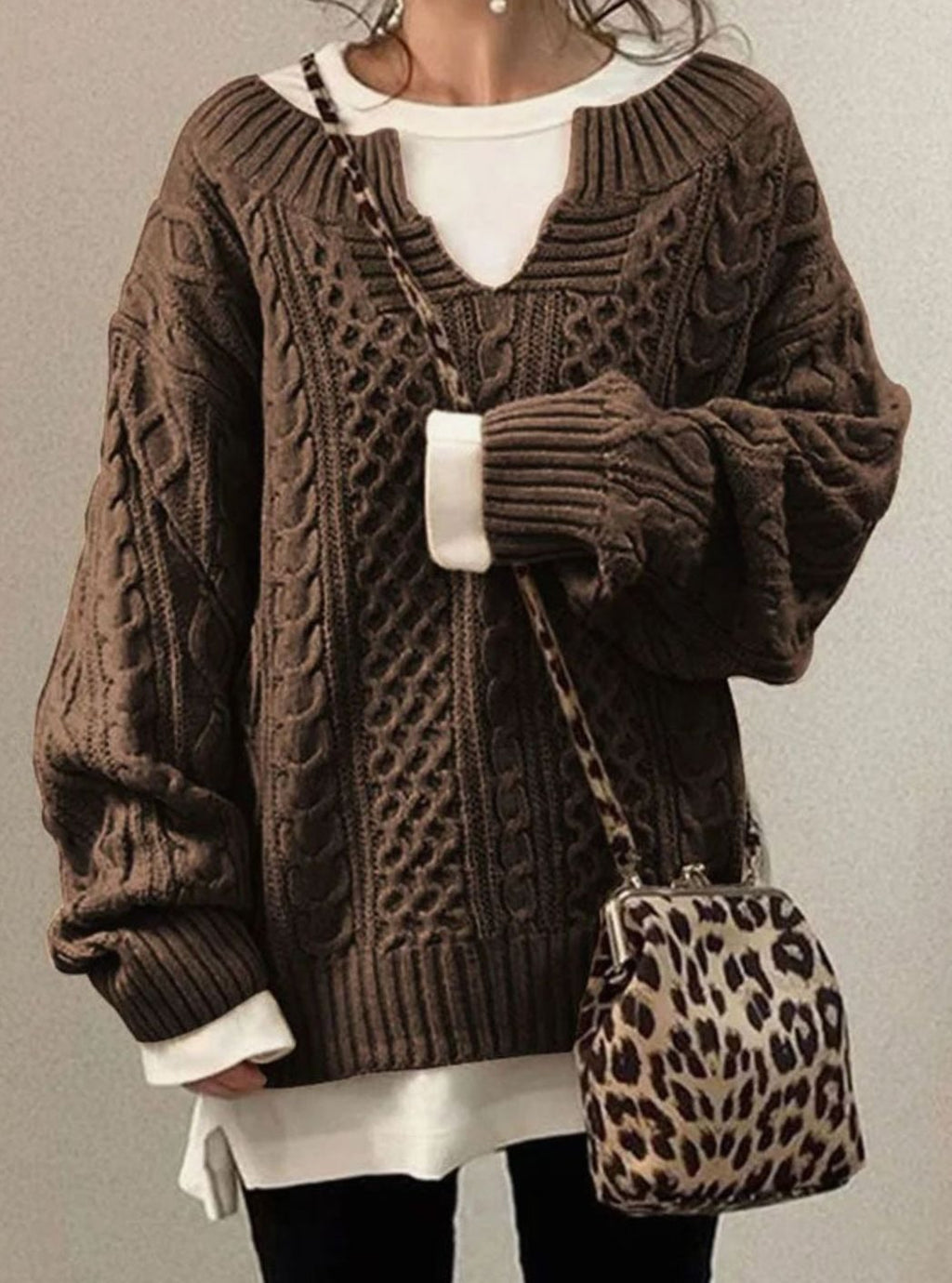 Women's Cable Knit Pullover with Layered V-Neck Look