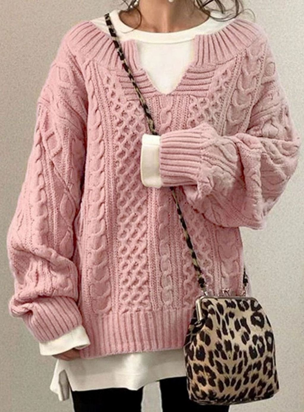 Women's Cable Knit Pullover with Layered V-Neck Look