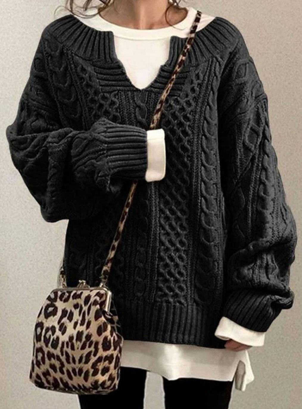 Women's Cable Knit Pullover with Layered V-Neck Look