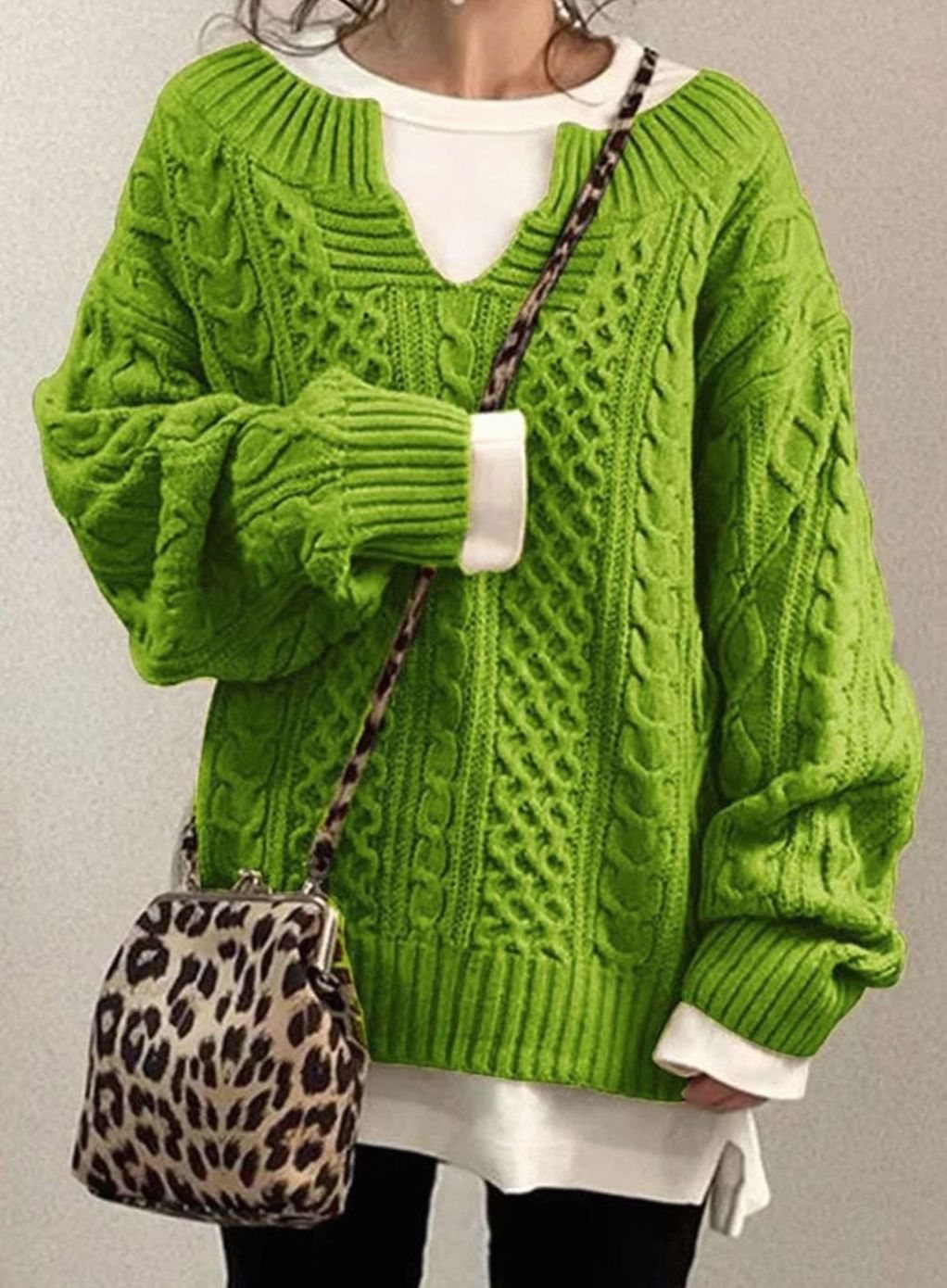 Women's Cable Knit Pullover with Layered V-Neck Look