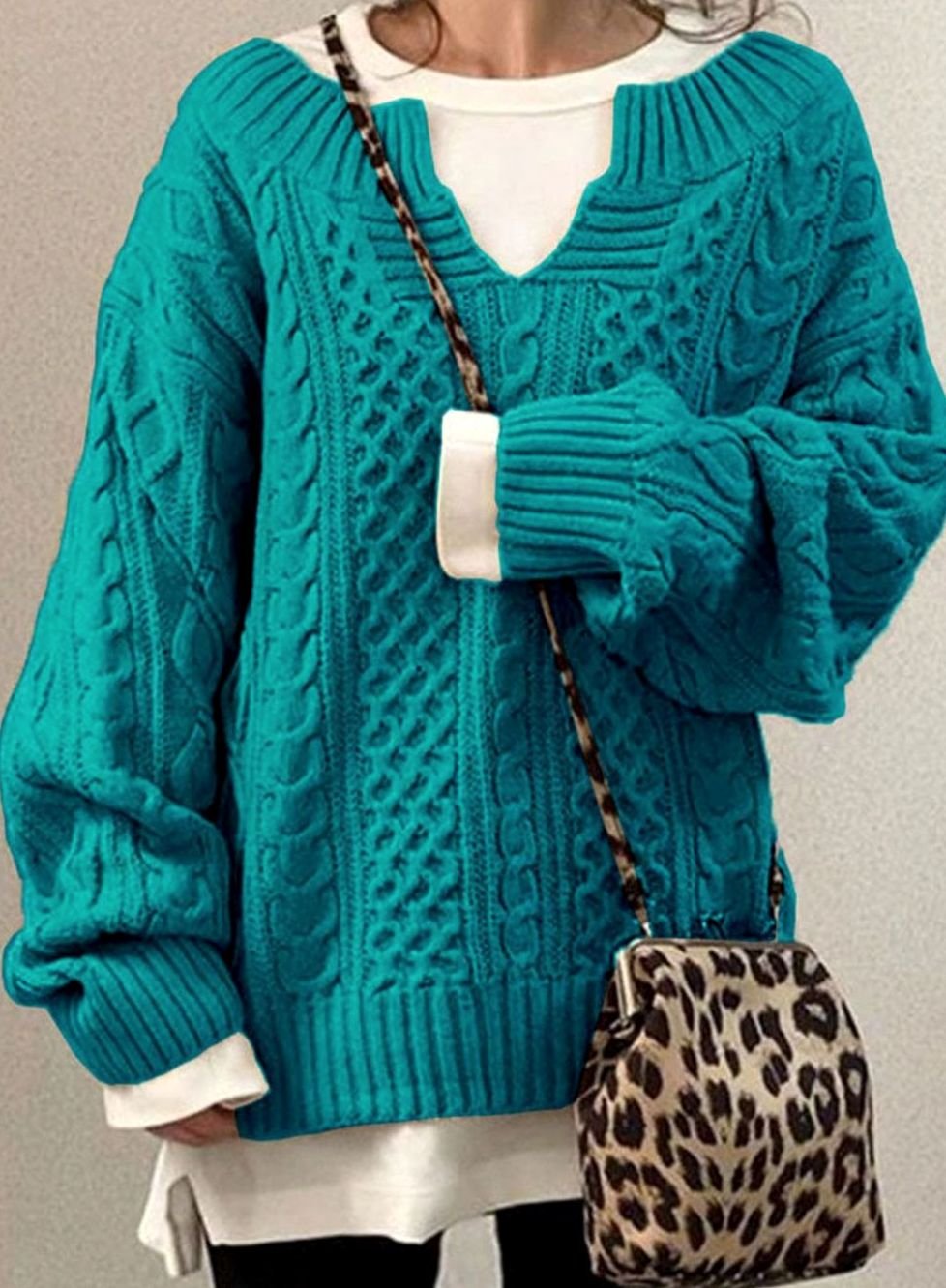 Women's Cable Knit Pullover with Layered V-Neck Look