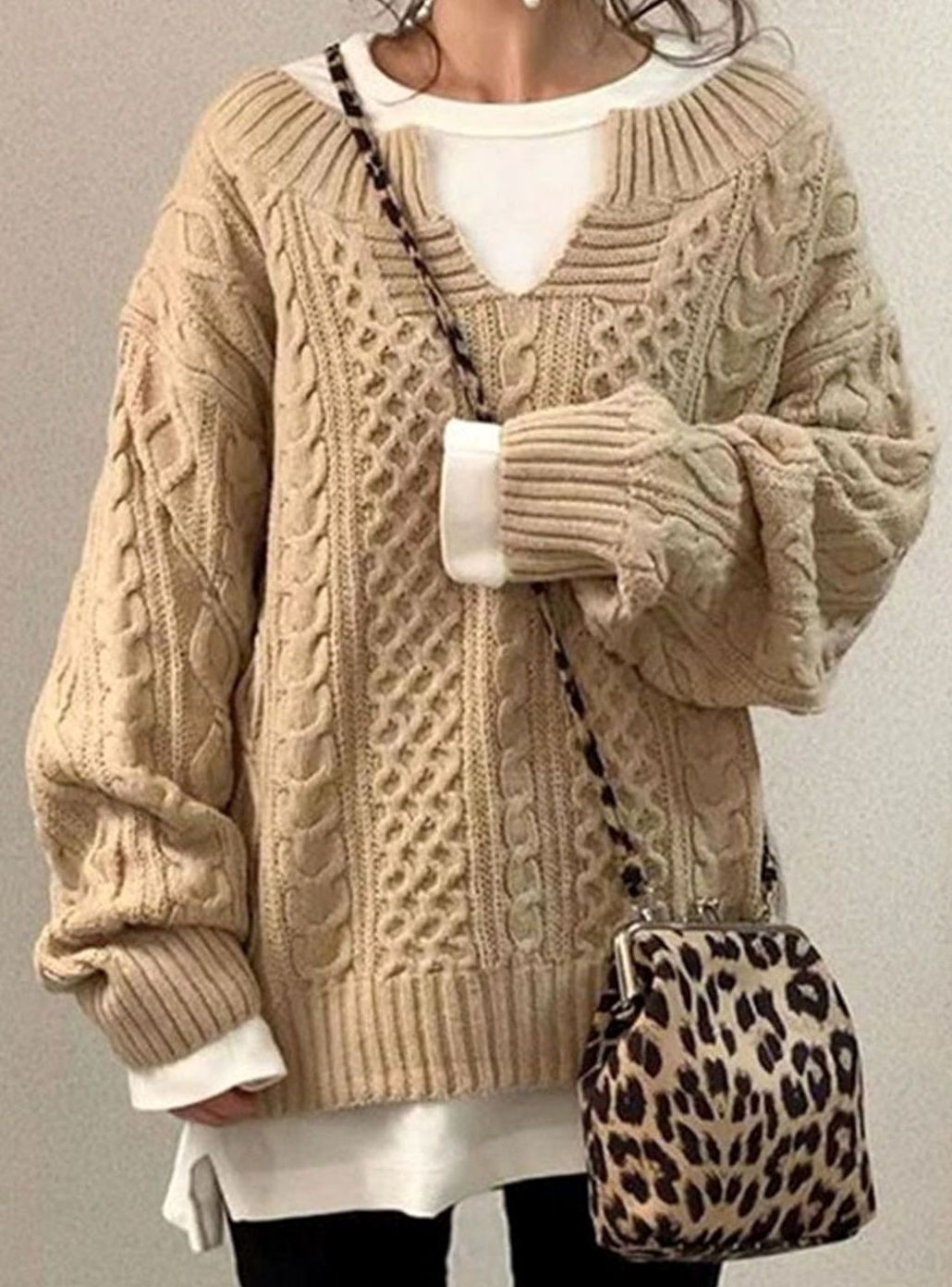 Women's Cable Knit Pullover with Layered V-Neck Look
