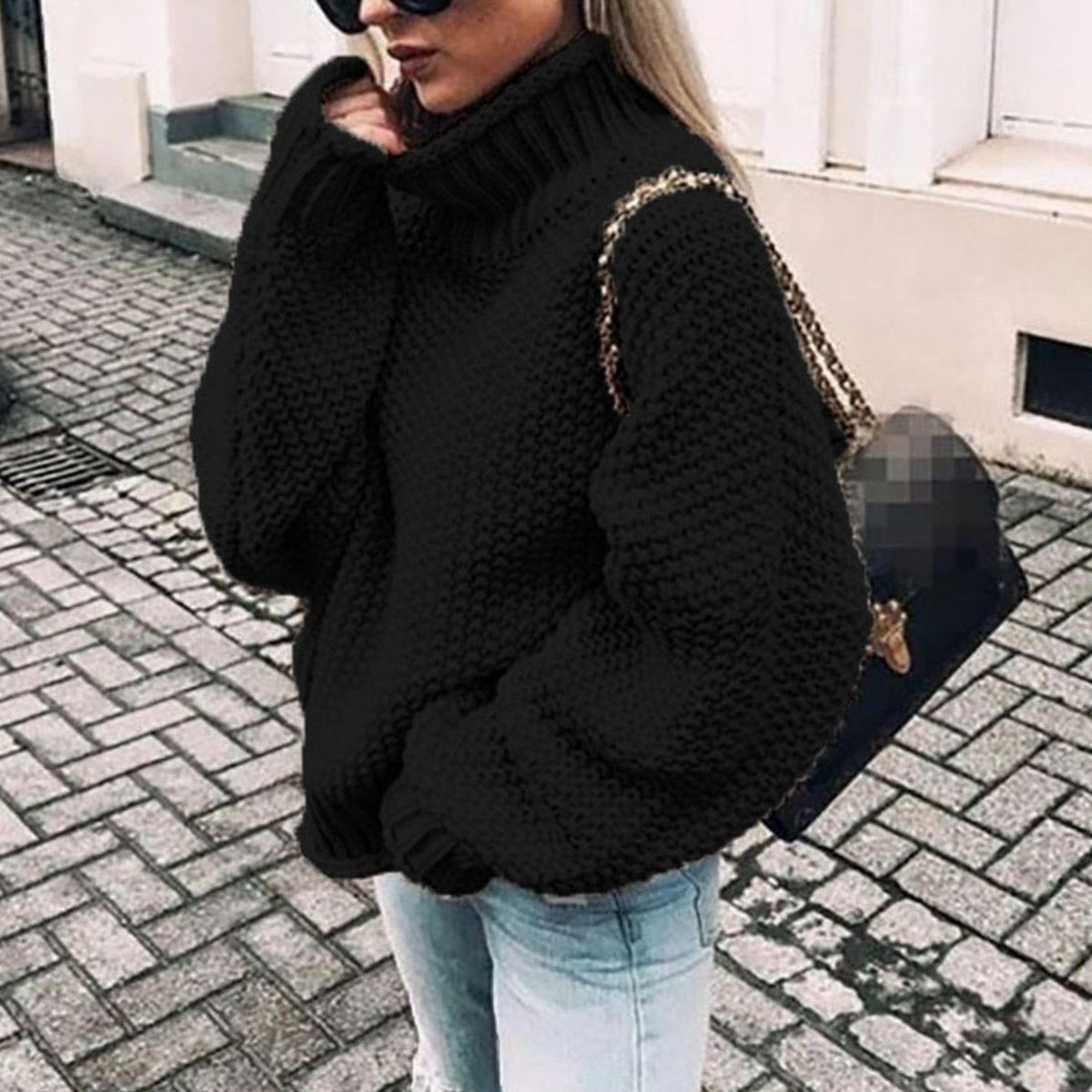 Women's Chunky Fold-Over Turtleneck Knit Pullover