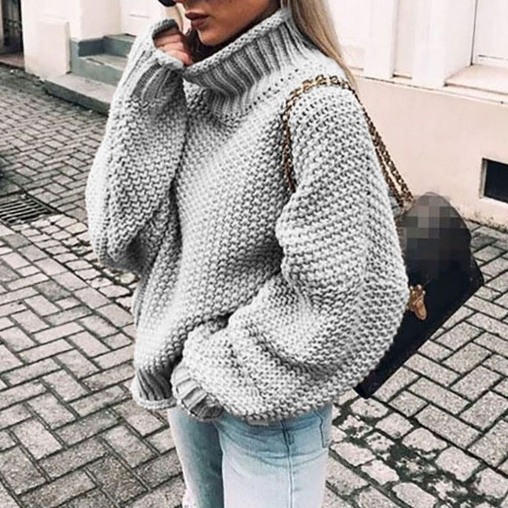 Women's Chunky Fold-Over Turtleneck Knit Pullover