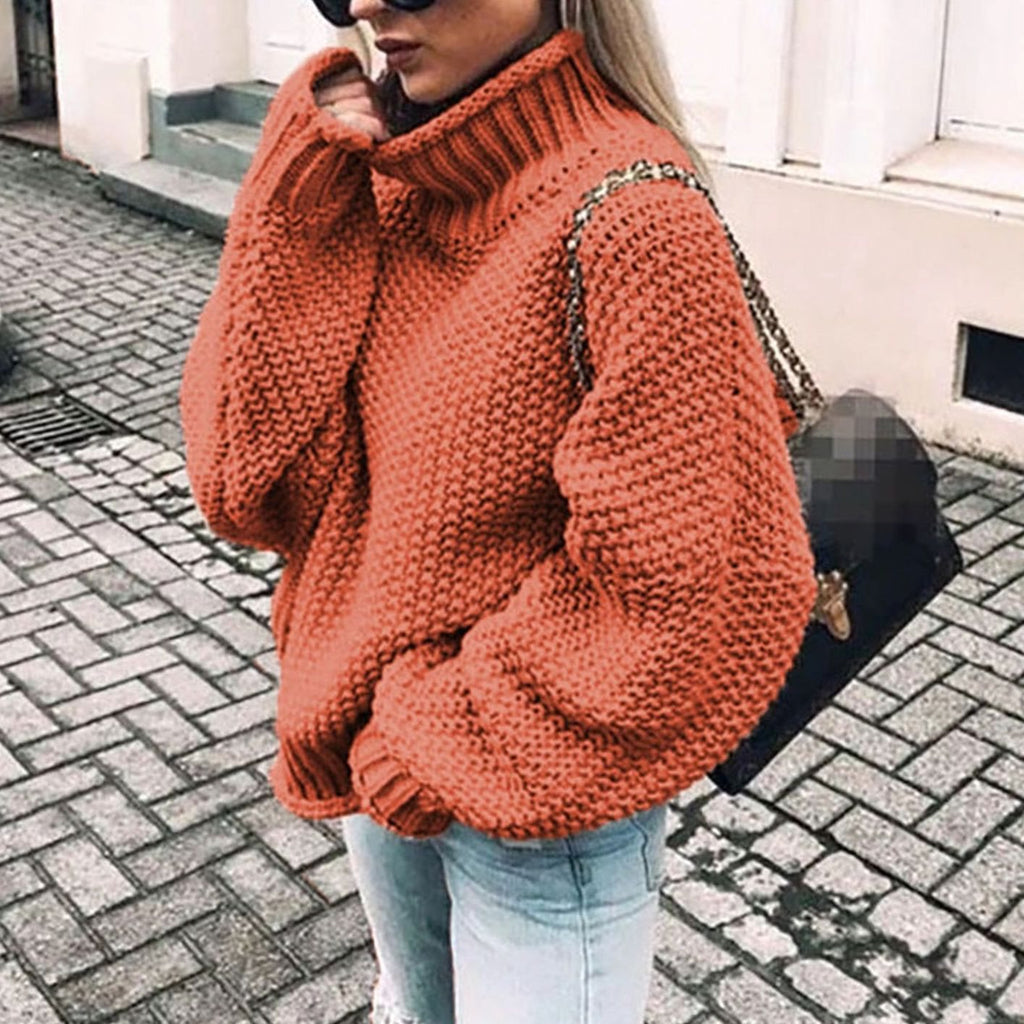 Women's Chunky Fold-Over Turtleneck Knit Pullover