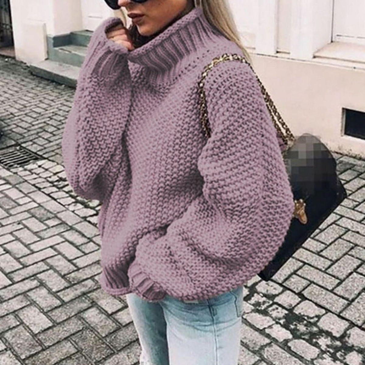 Women's Chunky Fold-Over Turtleneck Knit Pullover