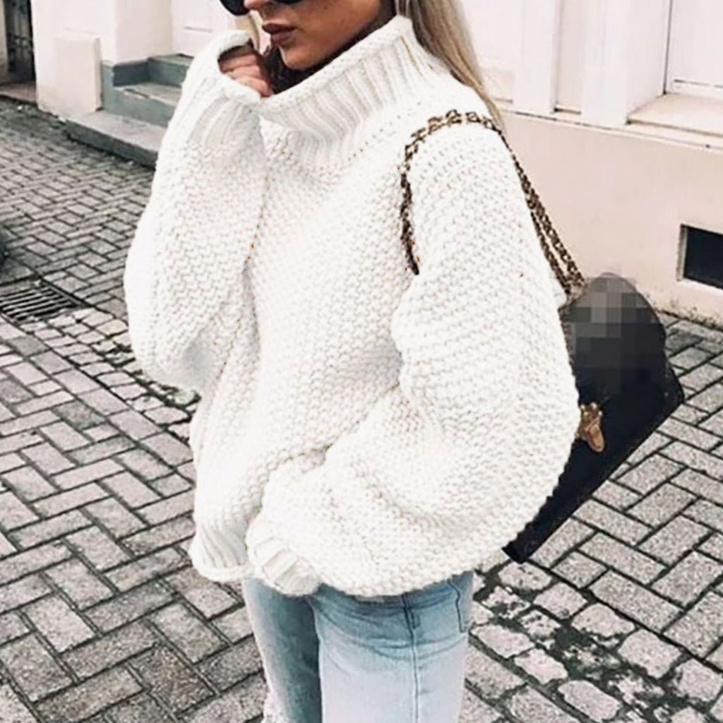 Women's Chunky Fold-Over Turtleneck Knit Pullover