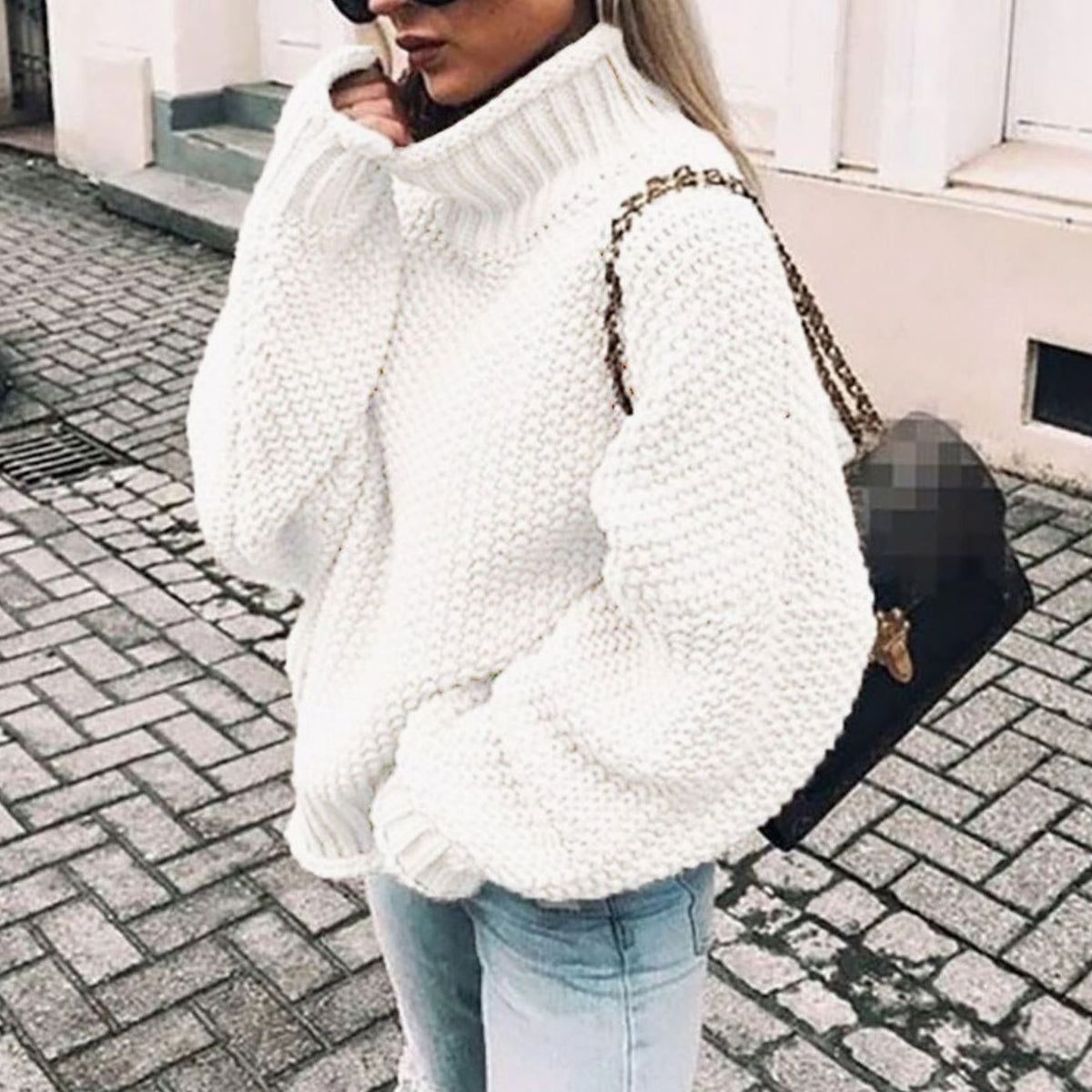 Women's Chunky Fold-Over Turtleneck Knit Pullover