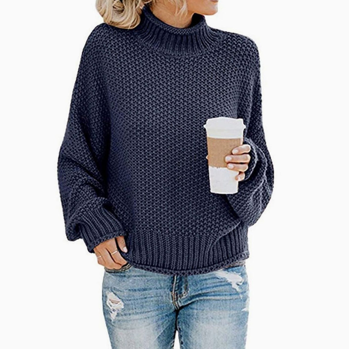 Women's Chunky Fold-Over Turtleneck Knit Pullover