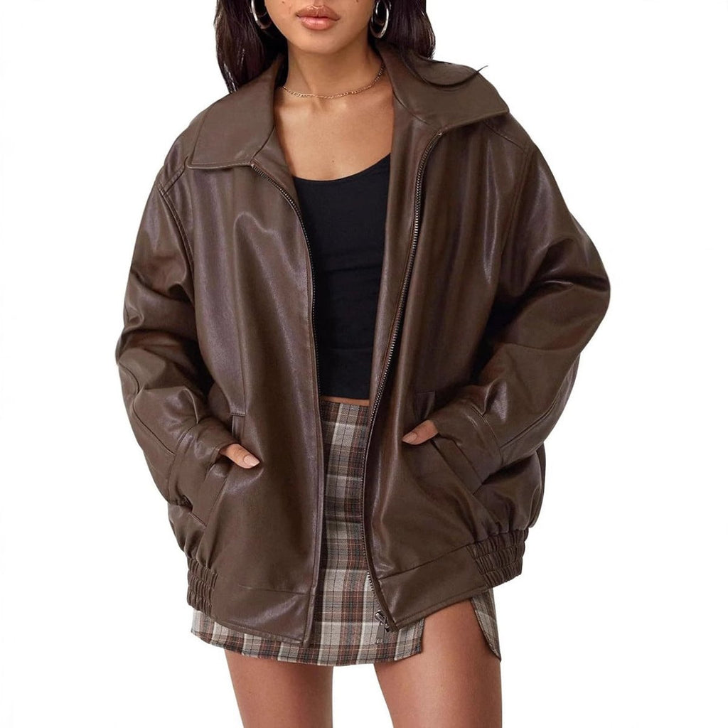 Women's Roomy Vegan Leather Bomber Coat