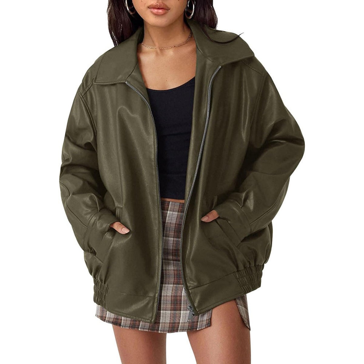 Women's Roomy Vegan Leather Bomber Coat