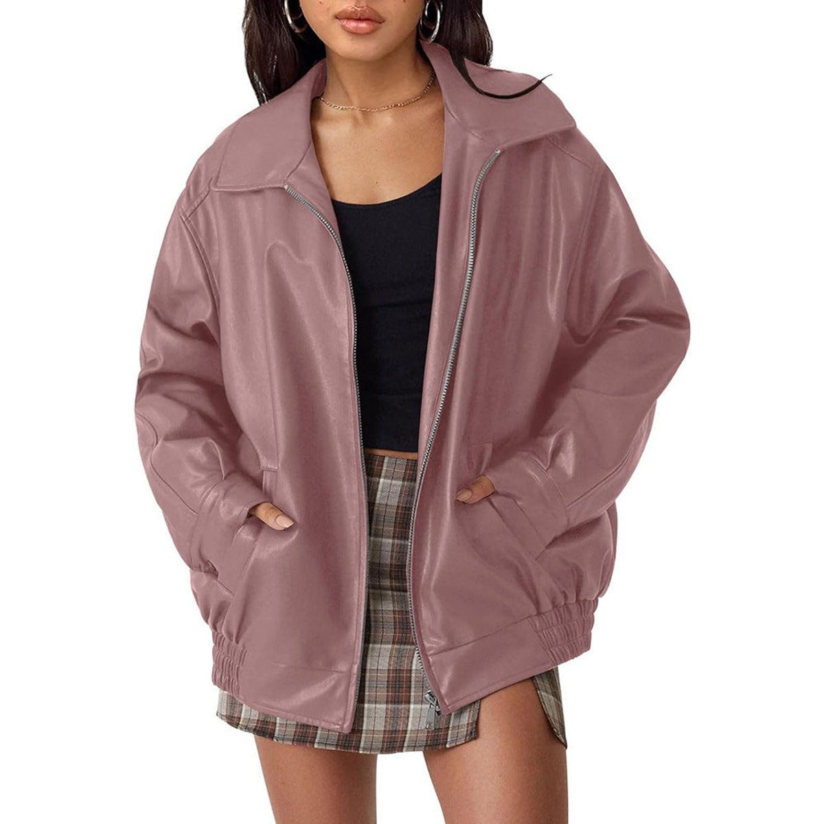 Women's Roomy Vegan Leather Bomber Coat
