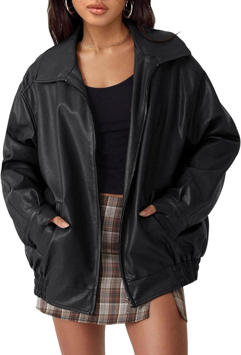 Women's Roomy Vegan Leather Bomber Coat