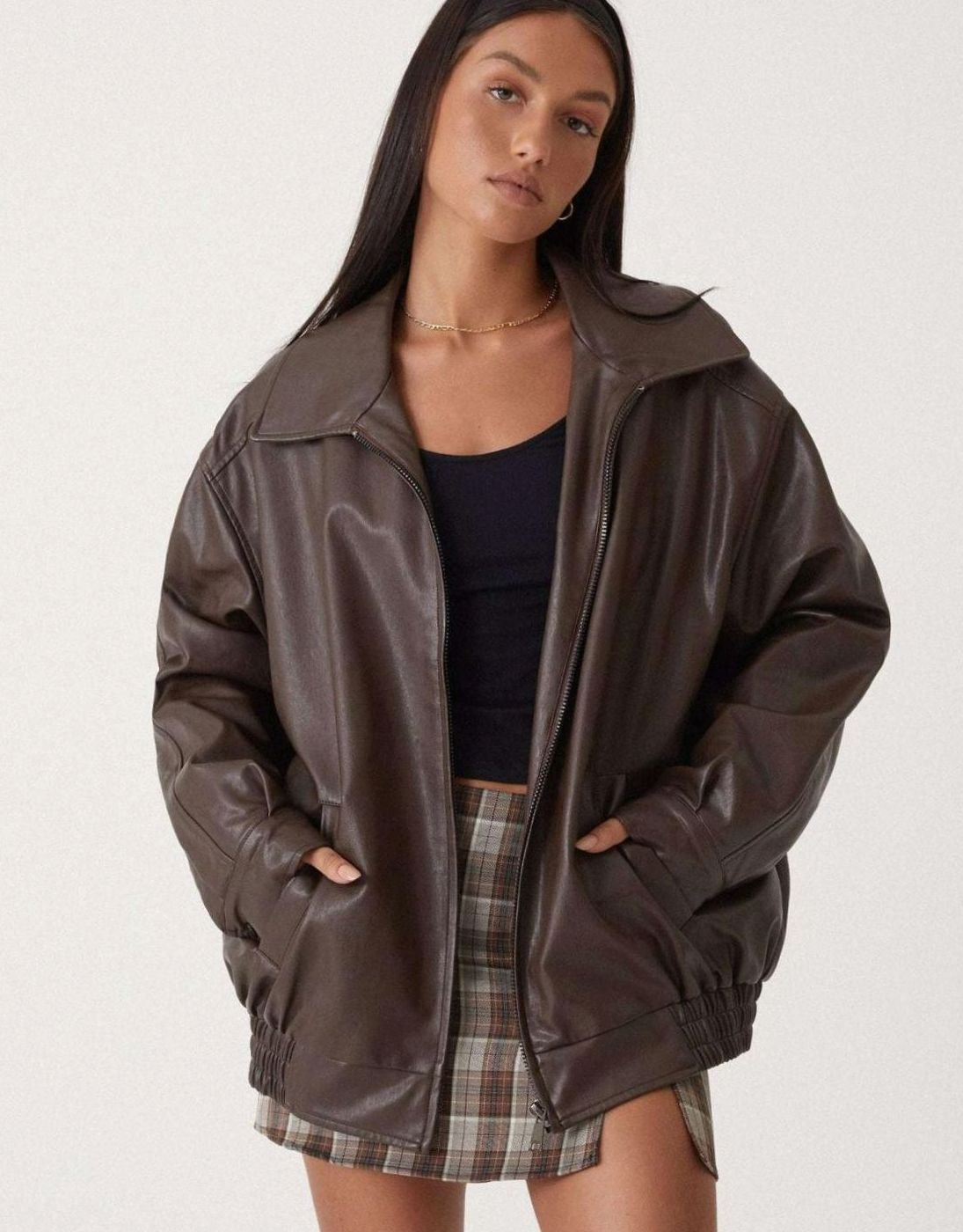 Women's Boxy Drop Shoulder Vegan Leather Bomber Coat