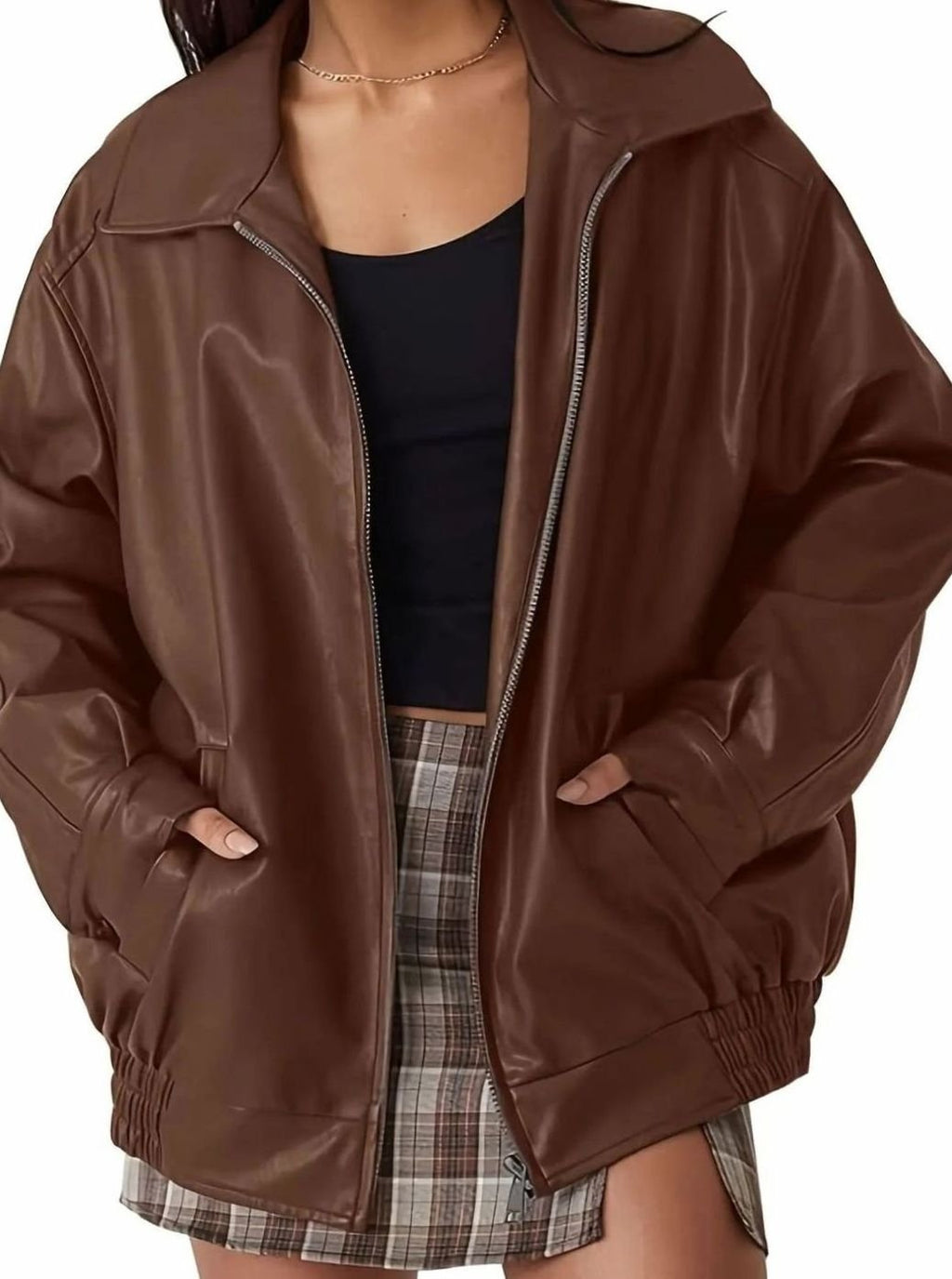 Women's Oversized Vegan Leather Zip Bomber Coat
