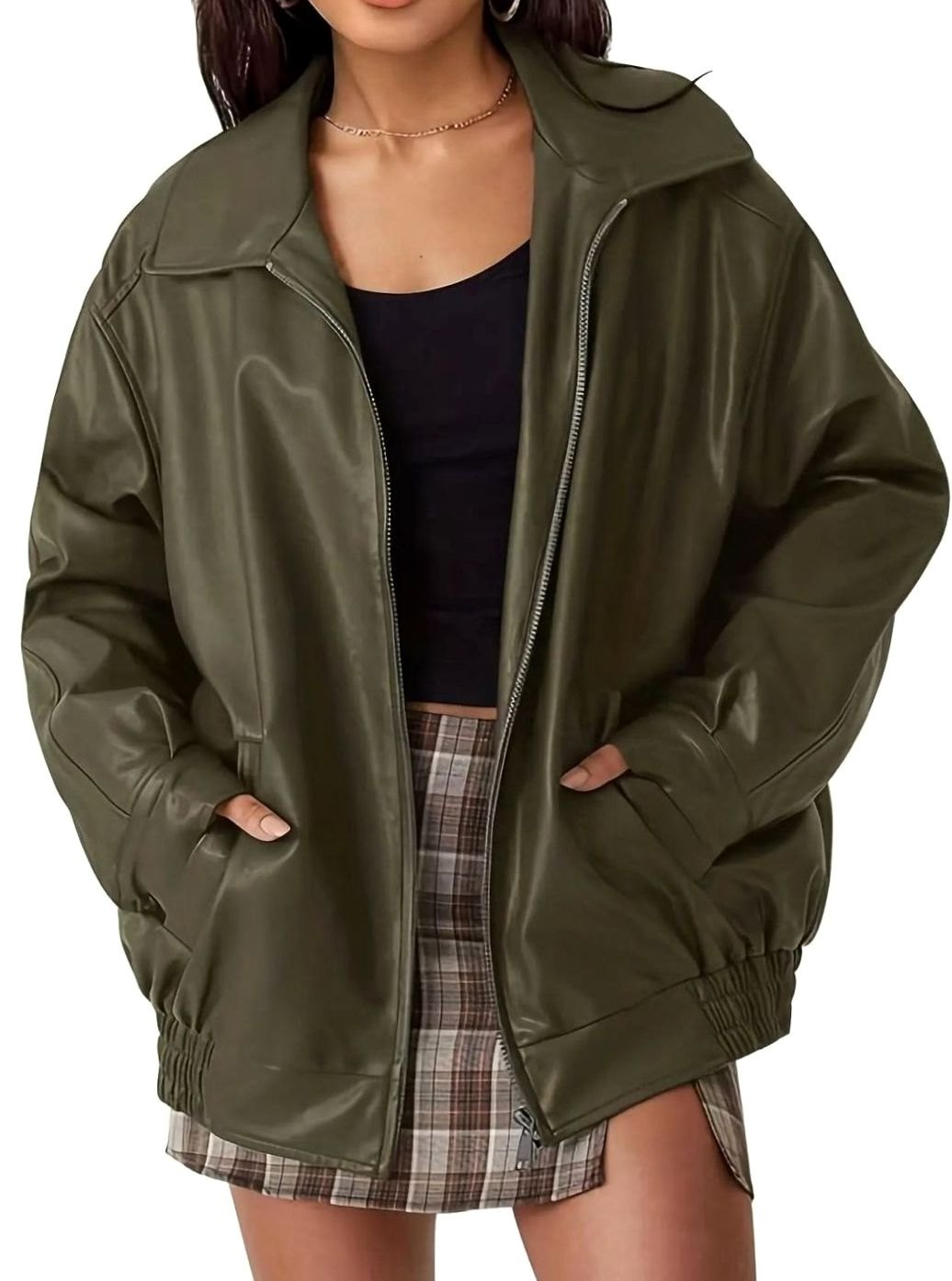Women's Oversized Vegan Leather Zip Bomber Coat