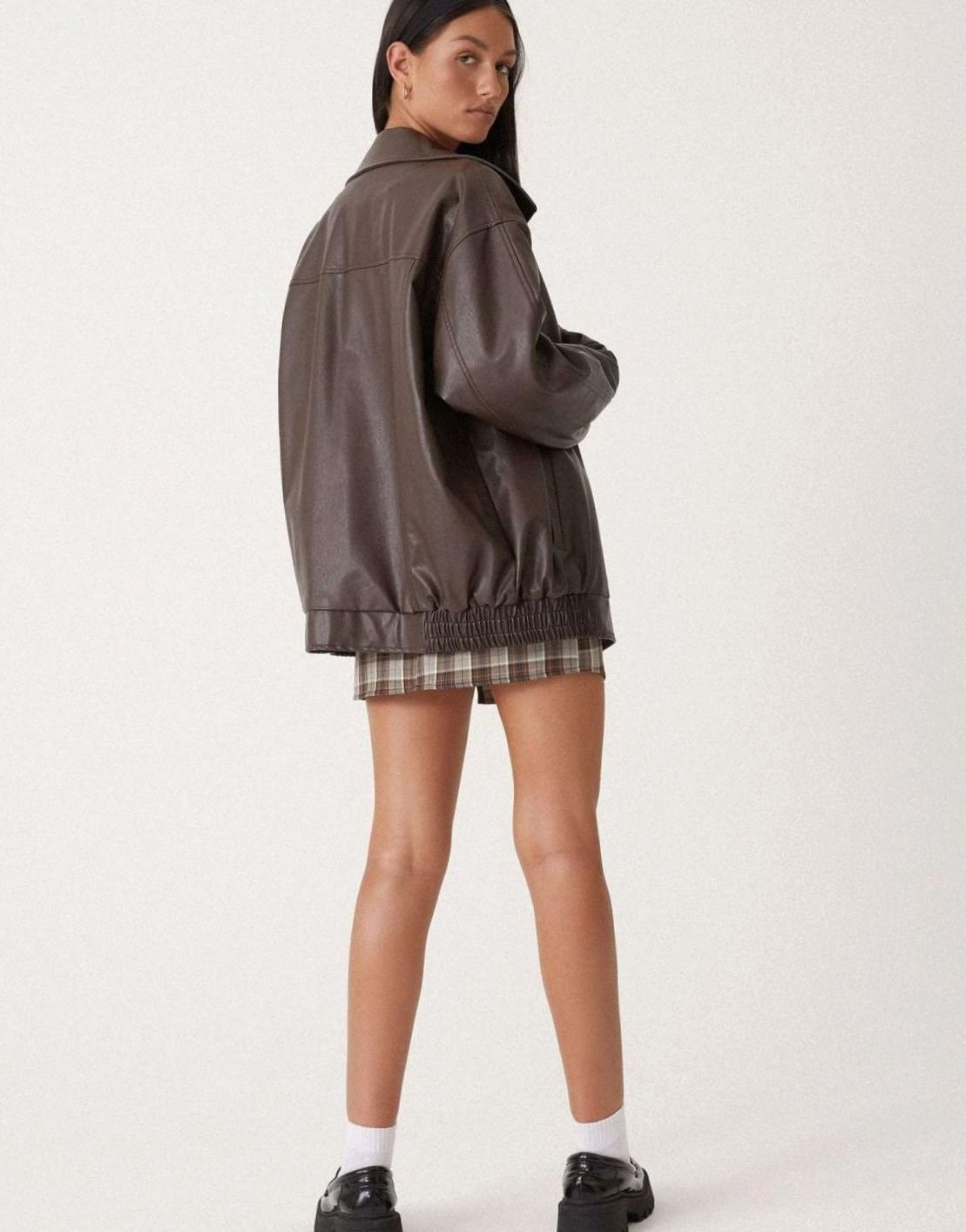Women's Boxy Drop Shoulder Vegan Leather Bomber Coat