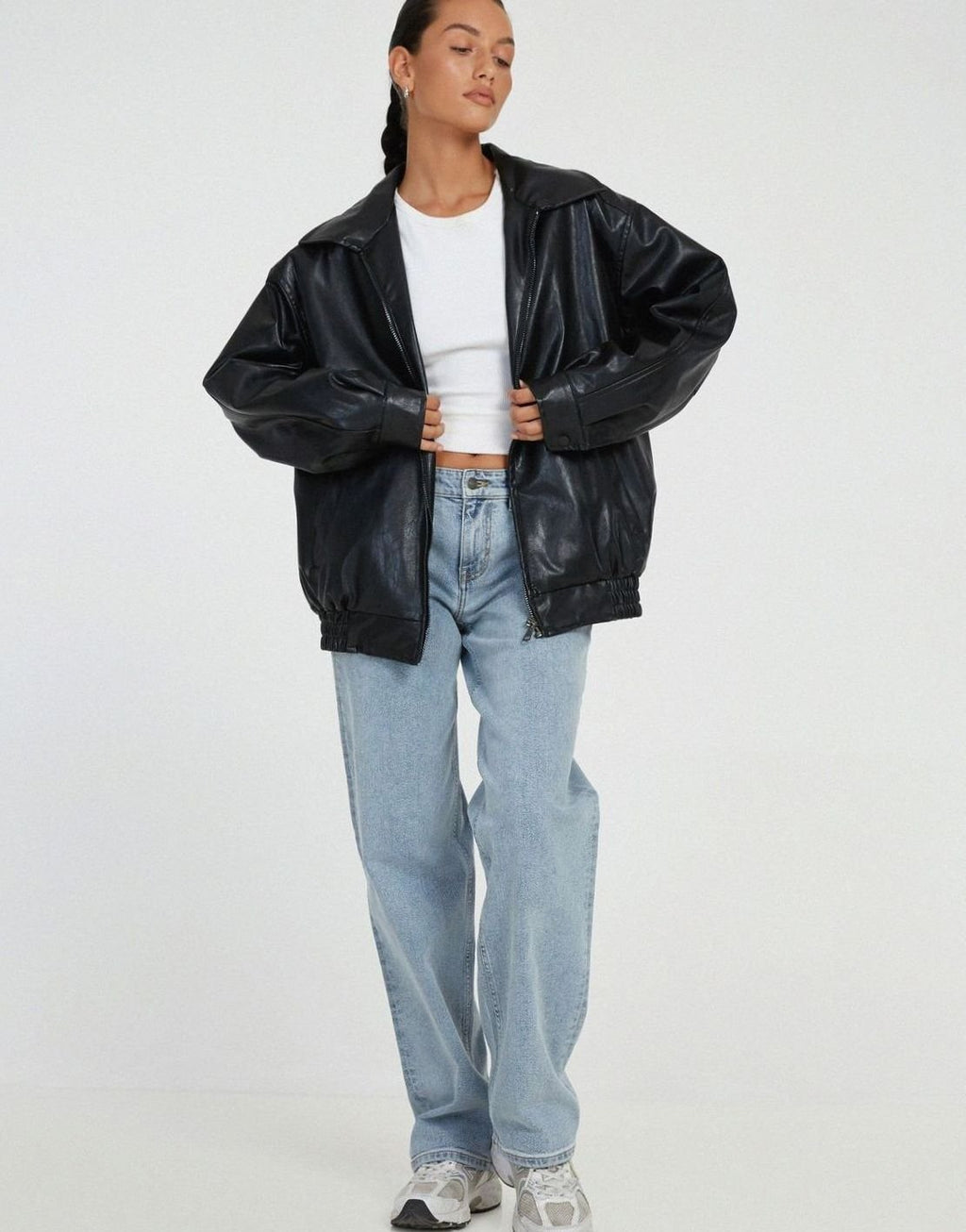 Women's Boxy Drop Shoulder Vegan Leather Bomber Coat