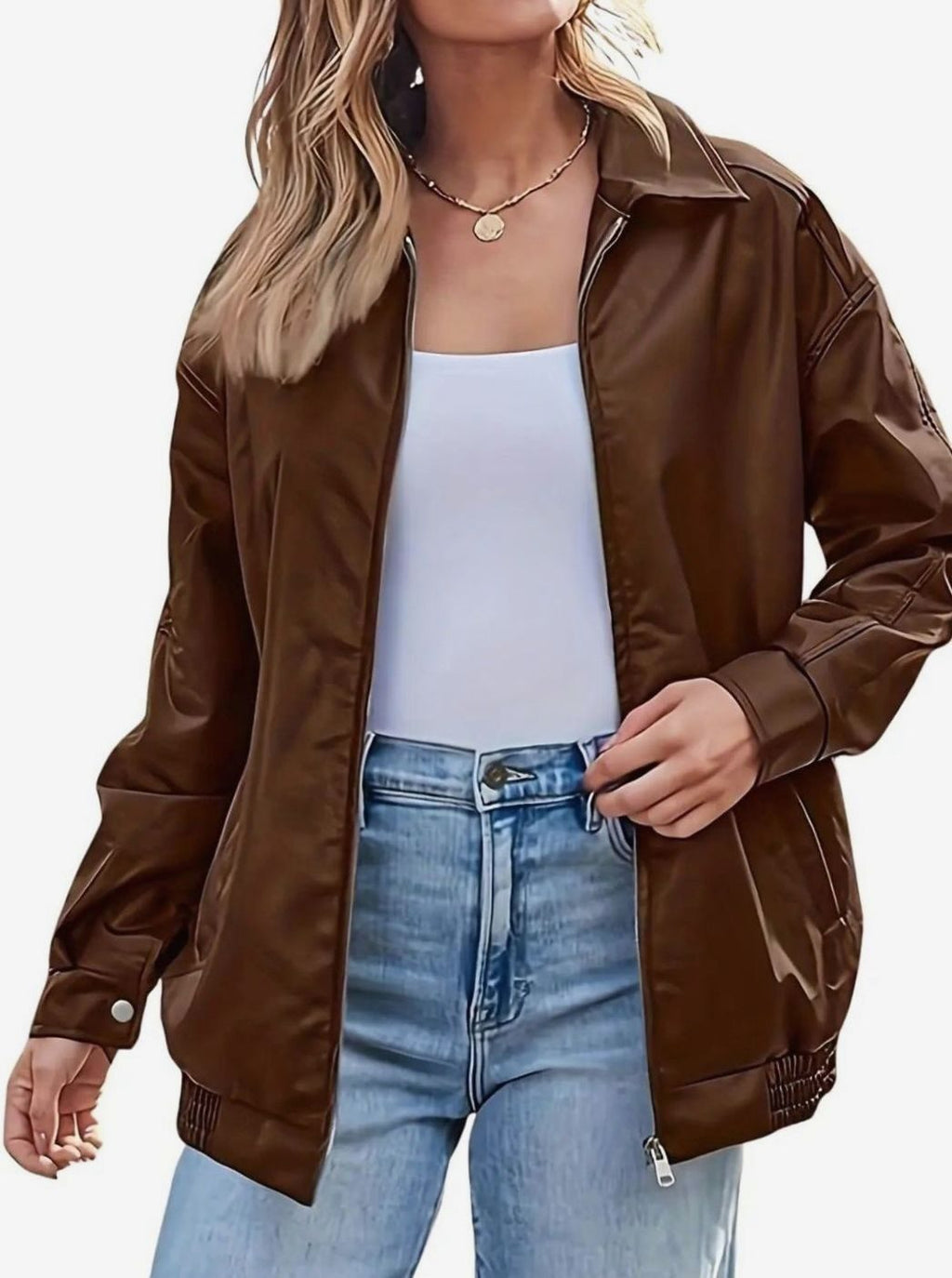 Women's Oversized Vegan Leather Zip Bomber Coat