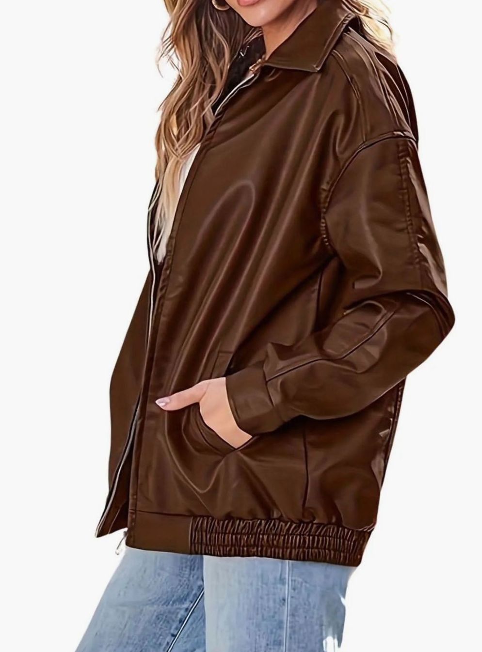 Women's Oversized Vegan Leather Zip Bomber Coat