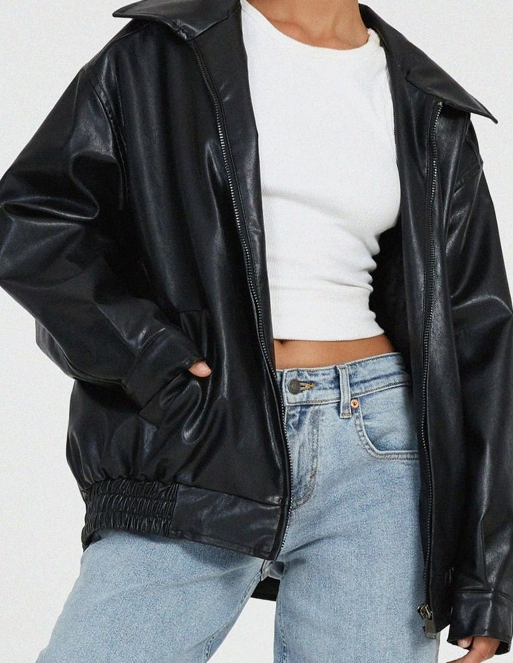 Women's Boxy Drop Shoulder Vegan Leather Bomber Coat