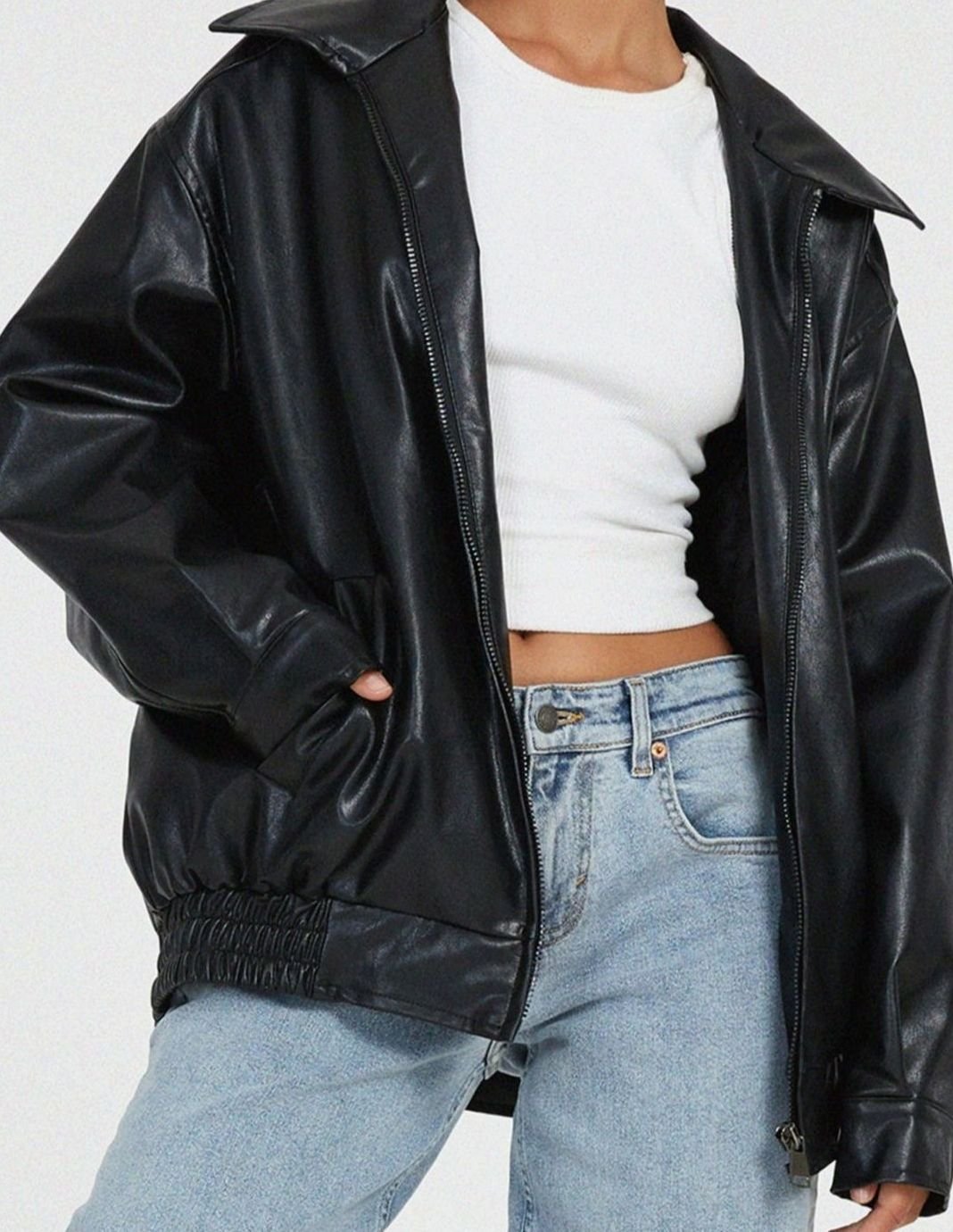 Women's Boxy Drop Shoulder Vegan Leather Bomber Coat
