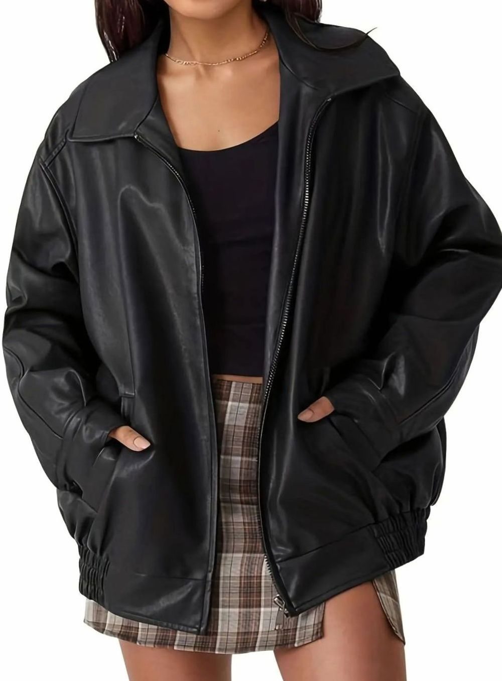 Women's Oversized Vegan Leather Zip Bomber Coat