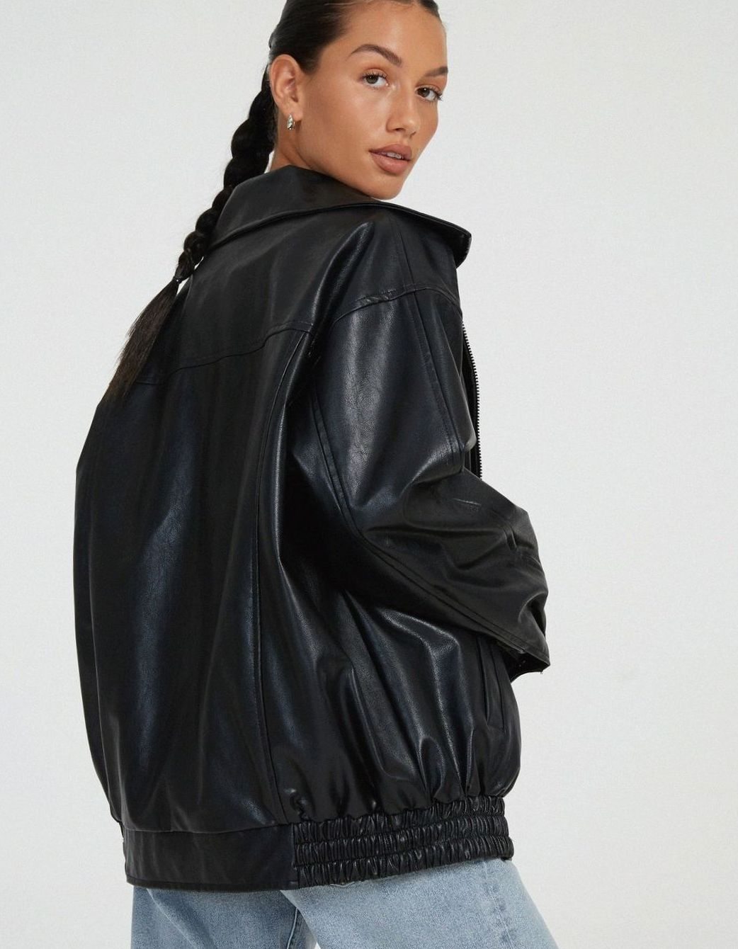 Women's Boxy Drop Shoulder Vegan Leather Bomber Coat