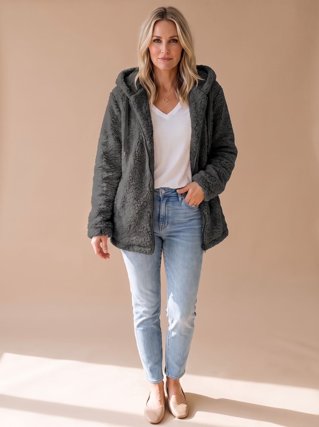 Women's Big Hood Teddy Fleece Zip Coat