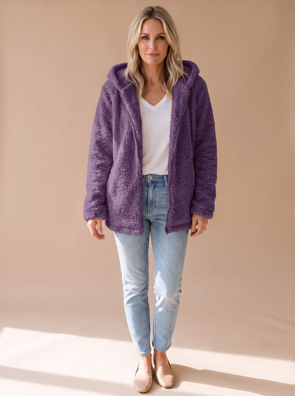 Women's Big Hood Teddy Fleece Zip Coat