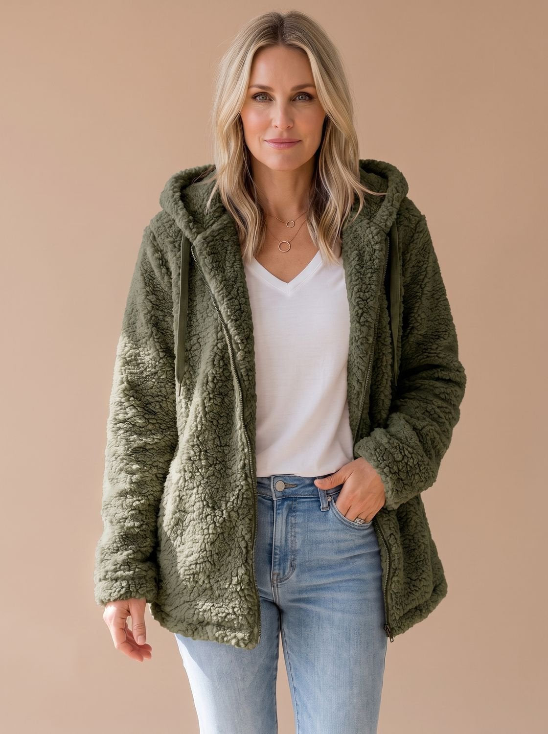 Women's Big Hood Teddy Fleece Zip Coat